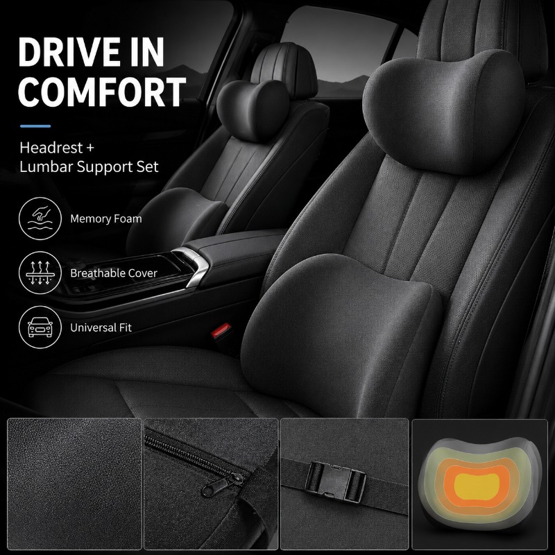 Memory Foam Car Neck Pillow Lumbar Support - مجموعة وسادة رقبة لمسند الرأس في