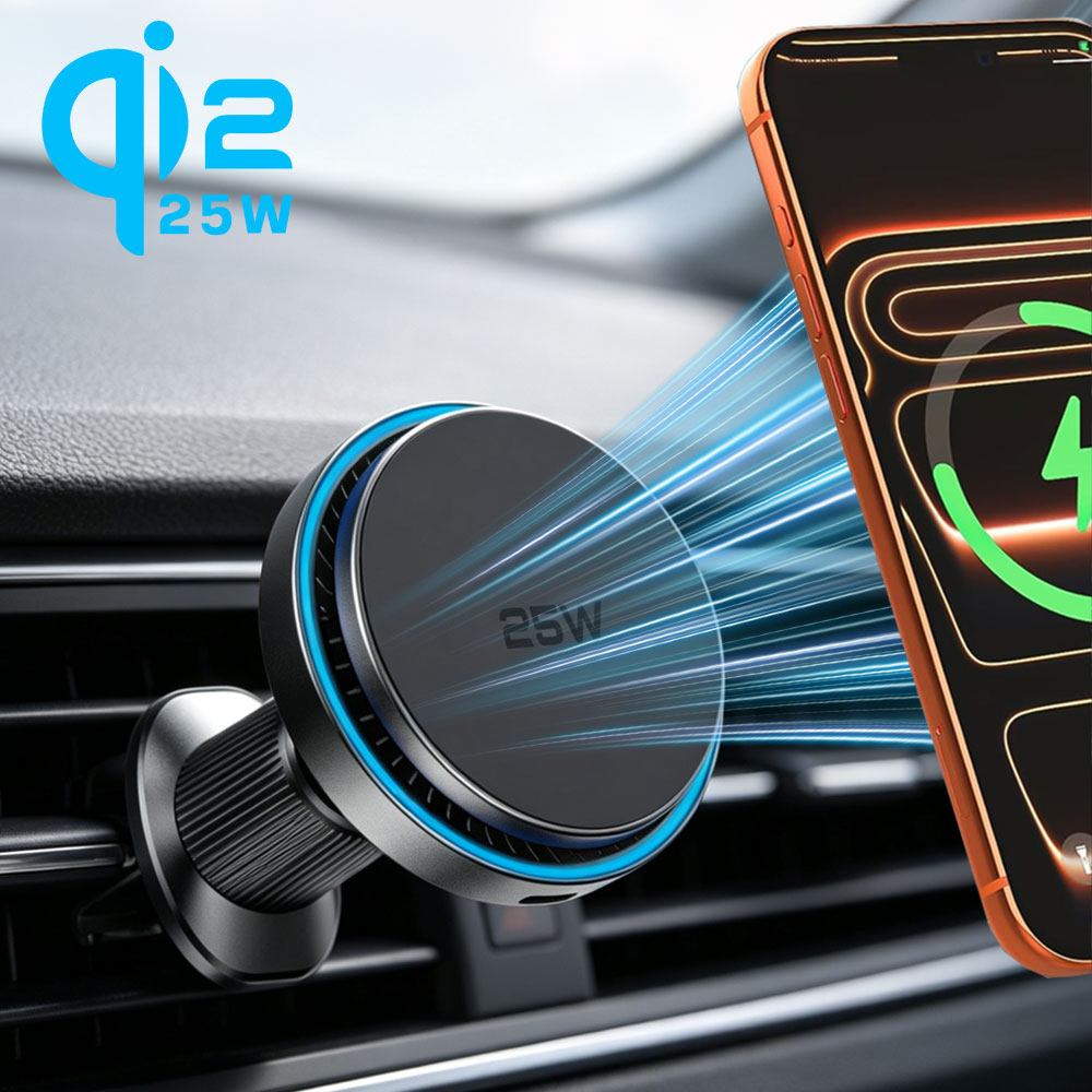 Magnetic Phone Holder For Car Vent - شاحن لاسلكي مغناطيسي للسيارة QI2 بقوة