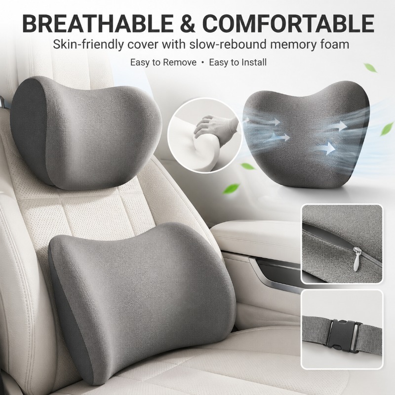 مجموعة وسادة رقبة لمسند الرأس  - مراجعة Memory Foam Car Neck Pillow Lumbar Support وسعره